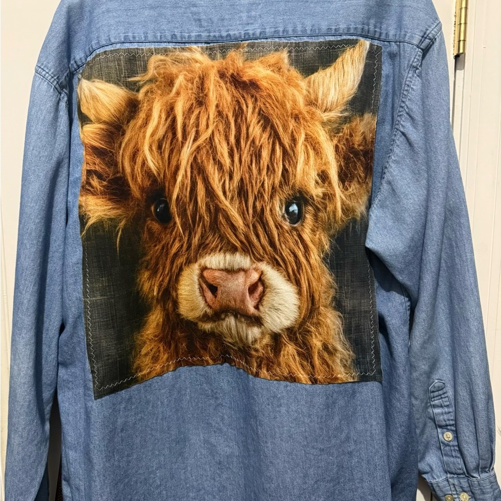 Denim Shirt with Highland Cow Back Patch - Blue and Brown